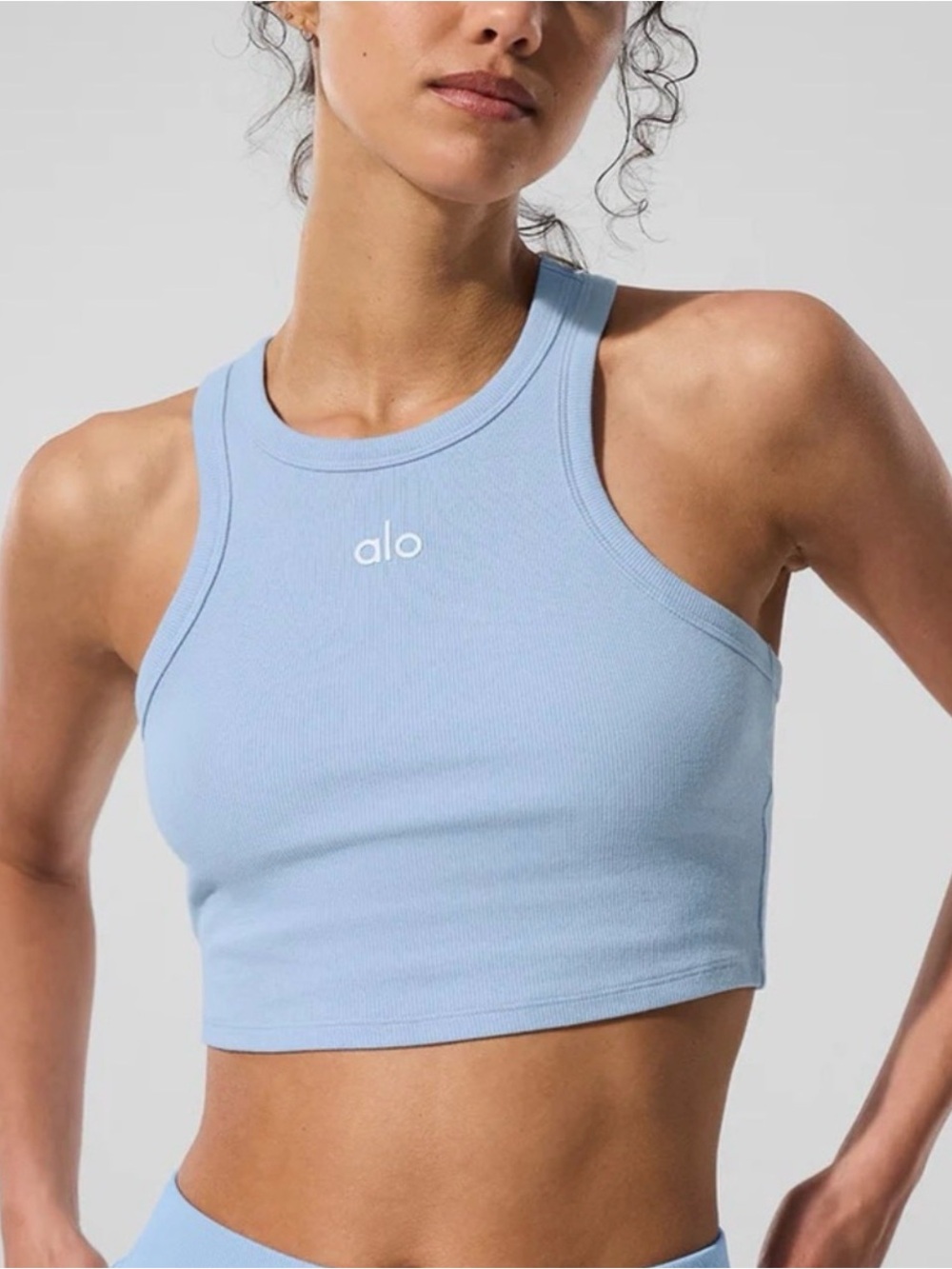 ALO Yoga Light Blue Ribbed Racerback Crop Tank Top